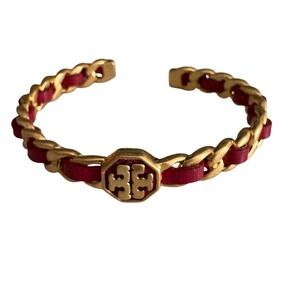 Tory Burch Gold Tone Red Leather Interwoven Chain Cuff Bracelet Logo